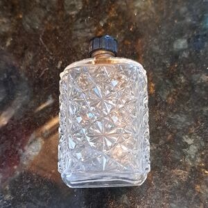 Vtg Fancy Cut Glass Perfume Bottle/flask W/blk Lid. Starburst Pattern  VG. Empty